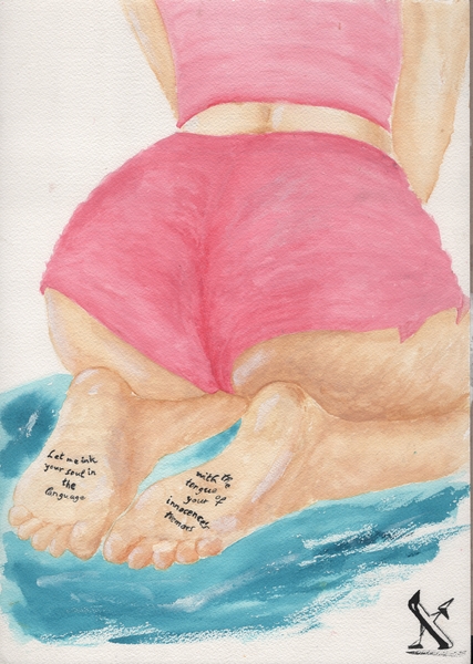 Title: Far From Innocent
Date: 2025-12-21
Series: watercolor
Description: What is innocence once we allow ourselves to be touched by the erotic? Especially when we enjoy it and ask for more
Notes: This painting accompanies the poem Kafka’s Forbidden Poems I