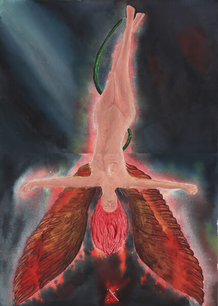 Title: Angel of fire
Date: 2026-01-10
Series: watercolor
Description: One is not born an angel or a demon; and only an angel with wings of fire can carve a letter into hell—their own—and escape it.
Notes: This piece accompanies the poem Two Demons