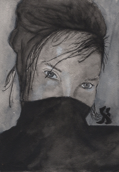 Title: The Therapist
Date: 2026-06-14
Series: watercolor
Description: Micro-Picasso made on the night of June 14, on the eve of UFC night at the White House. Yes, the two events are unrelated, but I'm still processing the latter.
Notes: It's my first time trying to work exclusively in black and white, and because I rushed it, even the signature ended up smudged. That, and because I wanted to be quick and return to a more "watered" technique, since it is only a grayscale.
